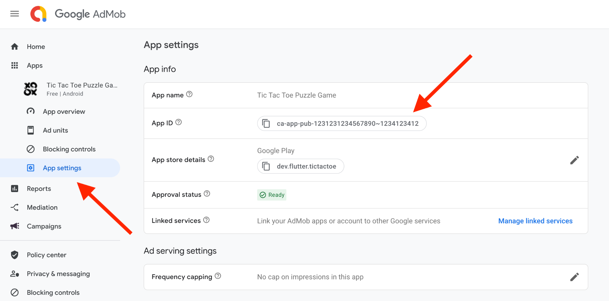 AdMob 屏幕截图,显示应用 ID 的位置
