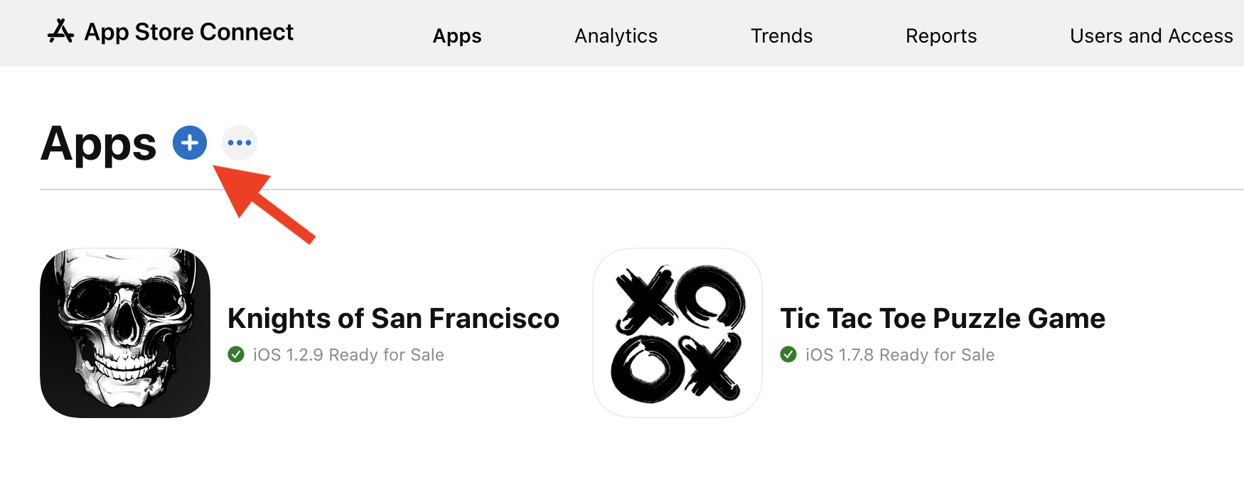 App Store Connect 中的 + 按钮屏幕截图