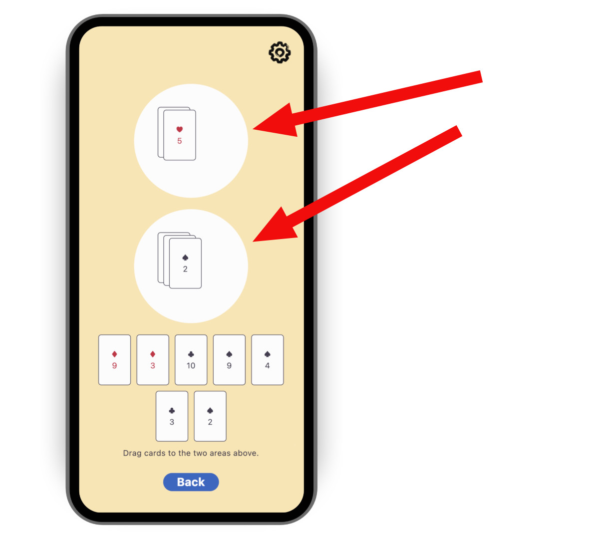 纸牌游戏的屏幕截图,箭头指向游戏区域