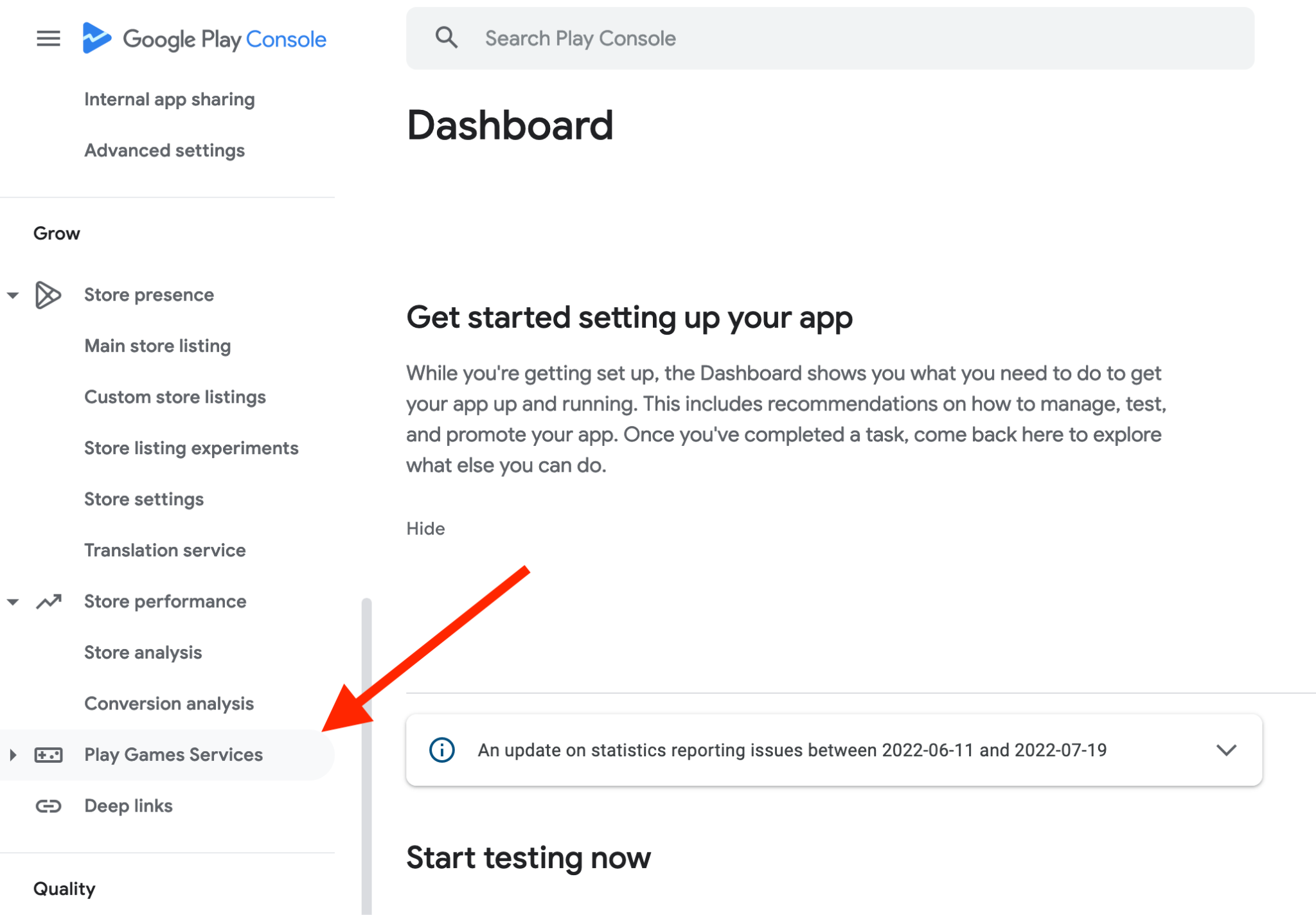 Google Play Console 中显示游戏服务部分的屏幕截图