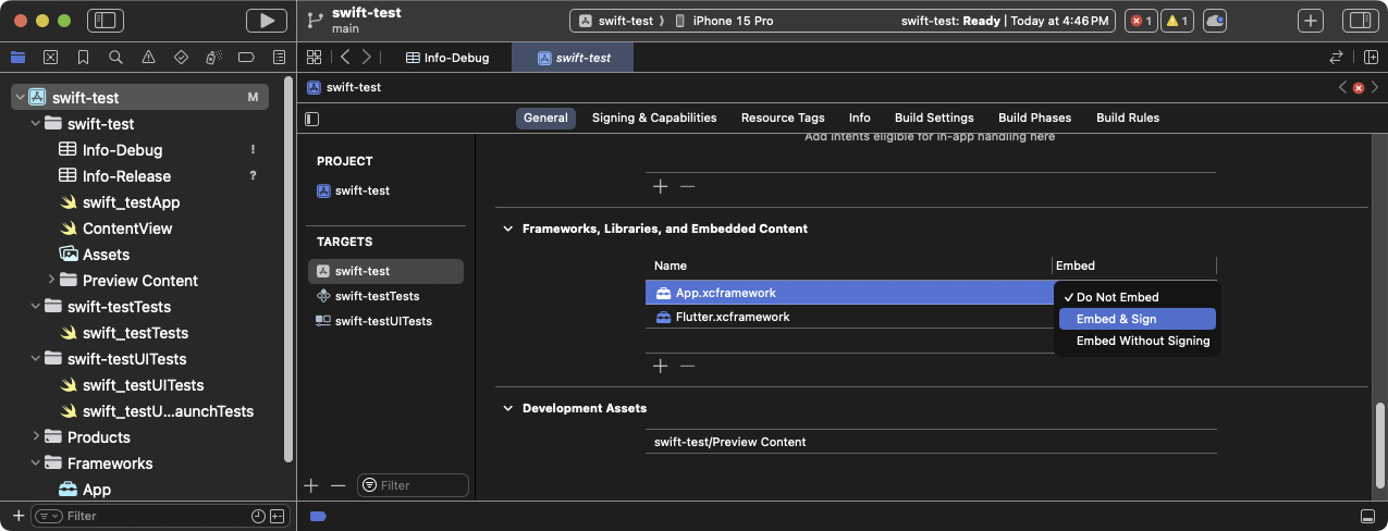 在 Xcode 中为每个框架选择 **嵌入和签名** 在 Xcode 中为每个框架选择 嵌入和签名