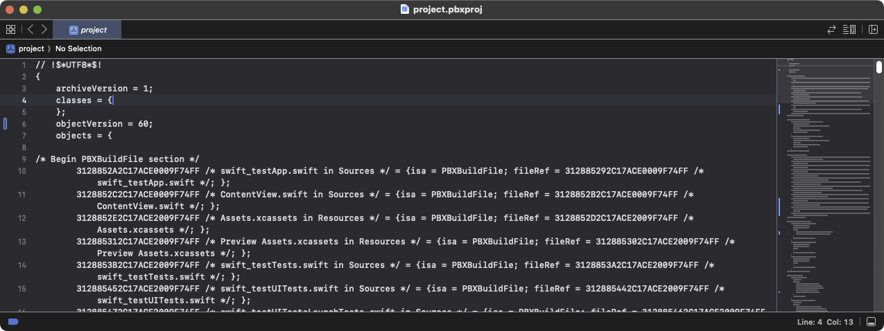 在 Xcode 文本编辑器中打开的`project-pbxproj`文件 在 Xcode 文本编辑器中打开的文件