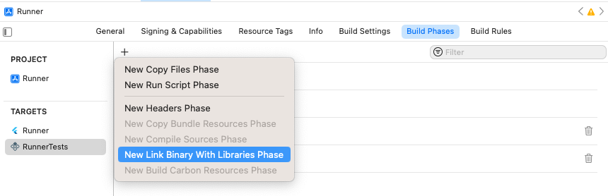 添加`使用库链接二进制文件`构建阶段 添加构建阶段