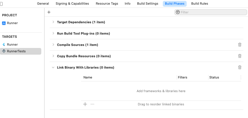 `RunnerTests`目标中的`使用库链接二进制文件`构建阶段 目标中的构建阶段