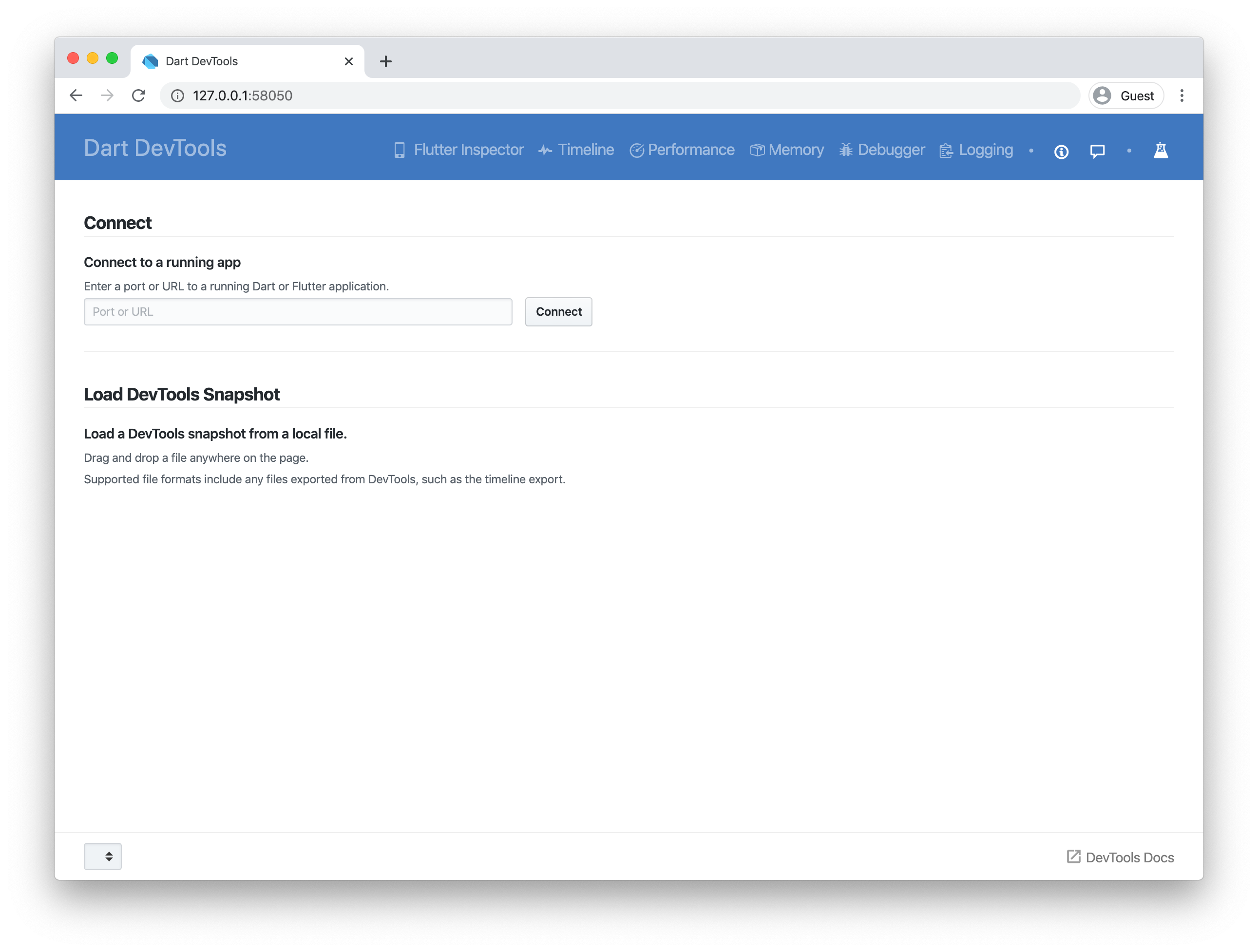 DevTools 启动屏幕的屏幕截图