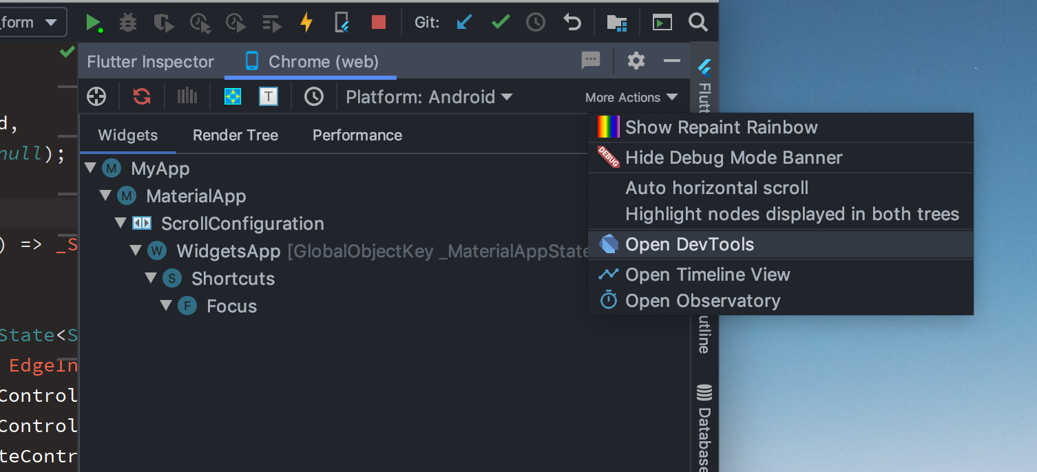 带有 DevTools 菜单的 Flutter inspector 屏幕截图