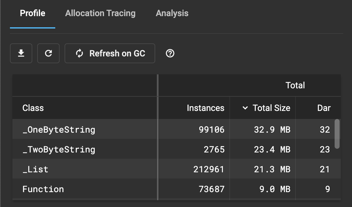 内存选项卡中的概要分析 profile