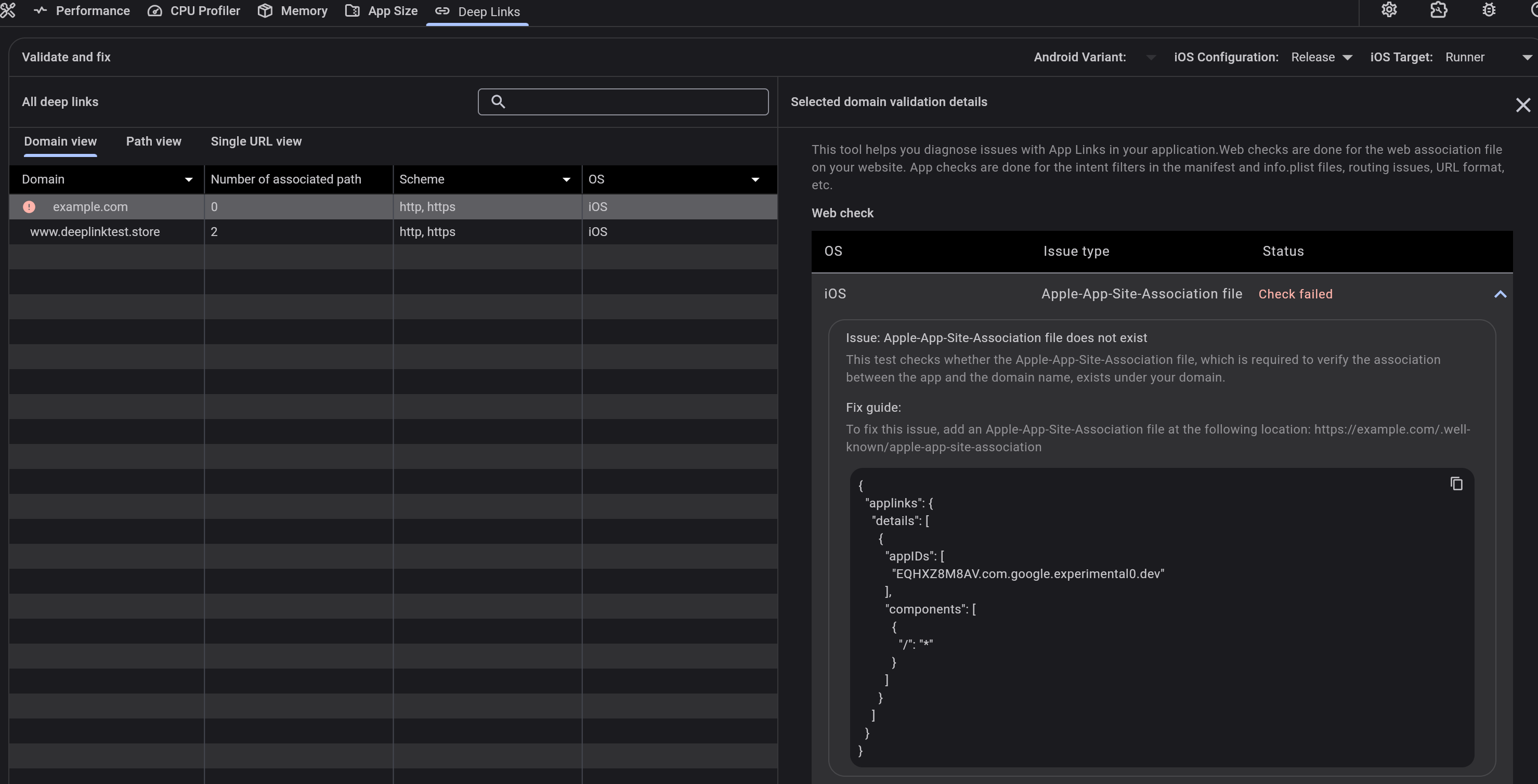 DevTools 深层链接验证器页面 iOS 深层链接验证器